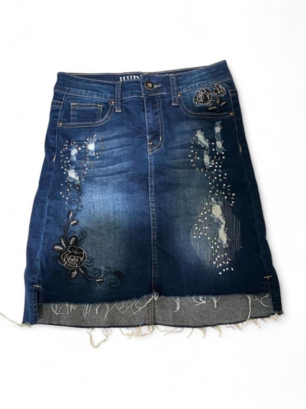 Hydraulic Embroidered Distressed Denim Skirt